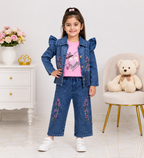 Girls 3-Piece Embroidered Cotton Suit (Blue Jacket,Inner & Trouser)