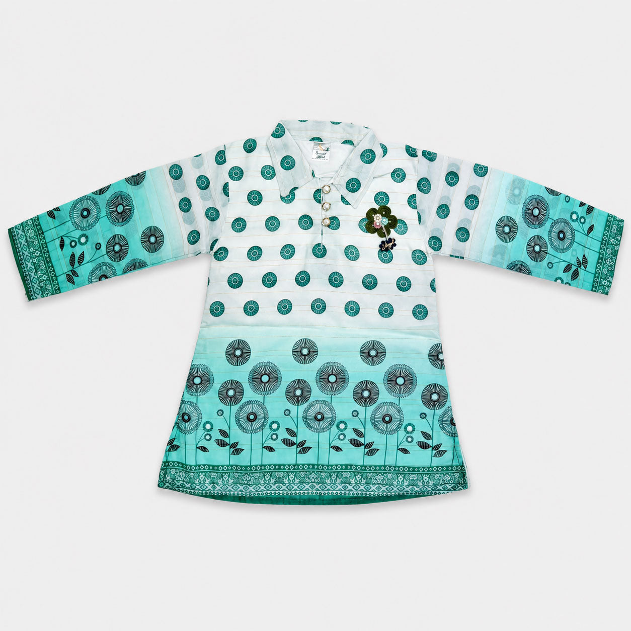 Girls 2 Piece Digital Printed Chiffon Suit – Aqua Green Floral Kids Outfit