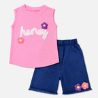 Girls Honey Top & Denim Shorts Set – Pink Blue 2 Piece Outfit | Lamtar Kids