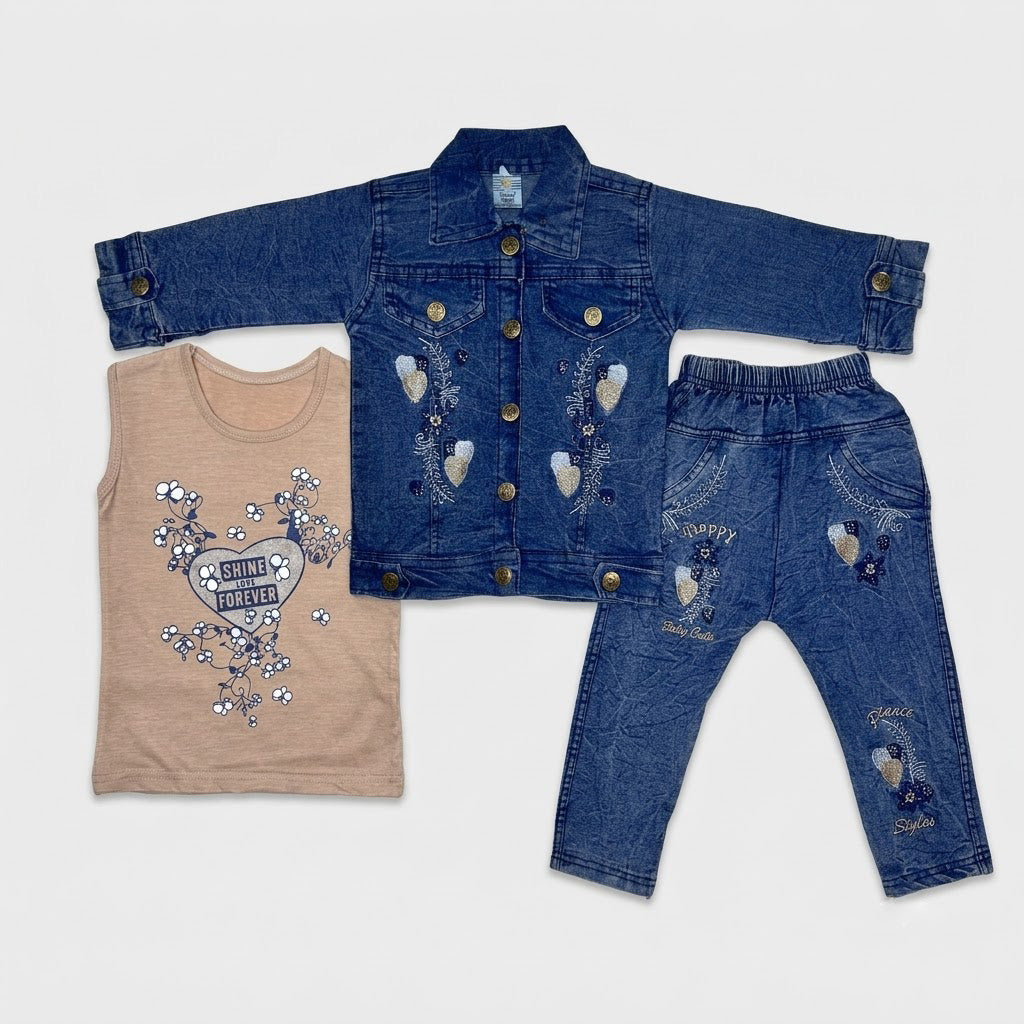 Girls 3-Piece Denim-Look Cotton Suit (Embroidered Jacket, Light Blue Inner & Trouser)