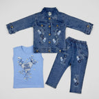 Girls 3-Piece Denim-Look Cotton Suit (Embroidered Jacket, Light Blue Inner & Trouser)