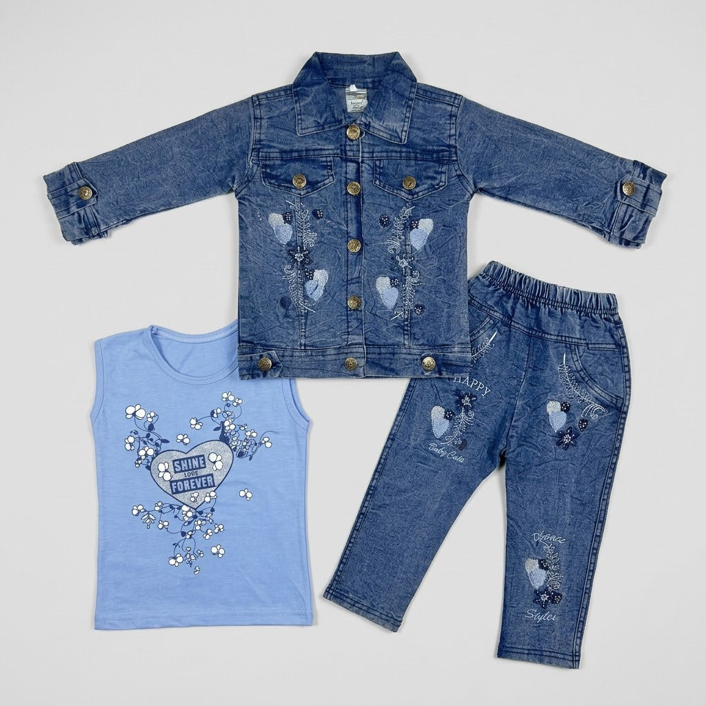 Girls 3-Piece Denim-Look Cotton Suit (Embroidered Jacket, Light Blue Inner & Trouser)