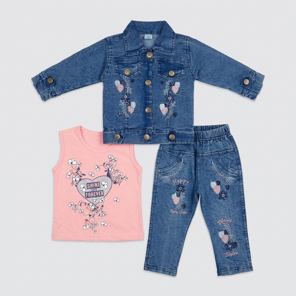 Girls 3-Piece Denim-Look Cotton Suit (Embroidered Jacket, Light Blue Inner & Trouser)