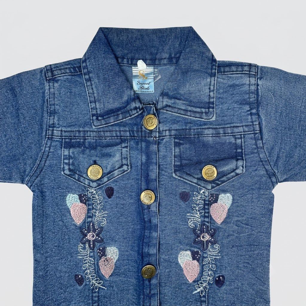 Girls 3-Piece Denim-Look Cotton Suit (Embroidered Jacket, Light Blue Inner & Trouser)