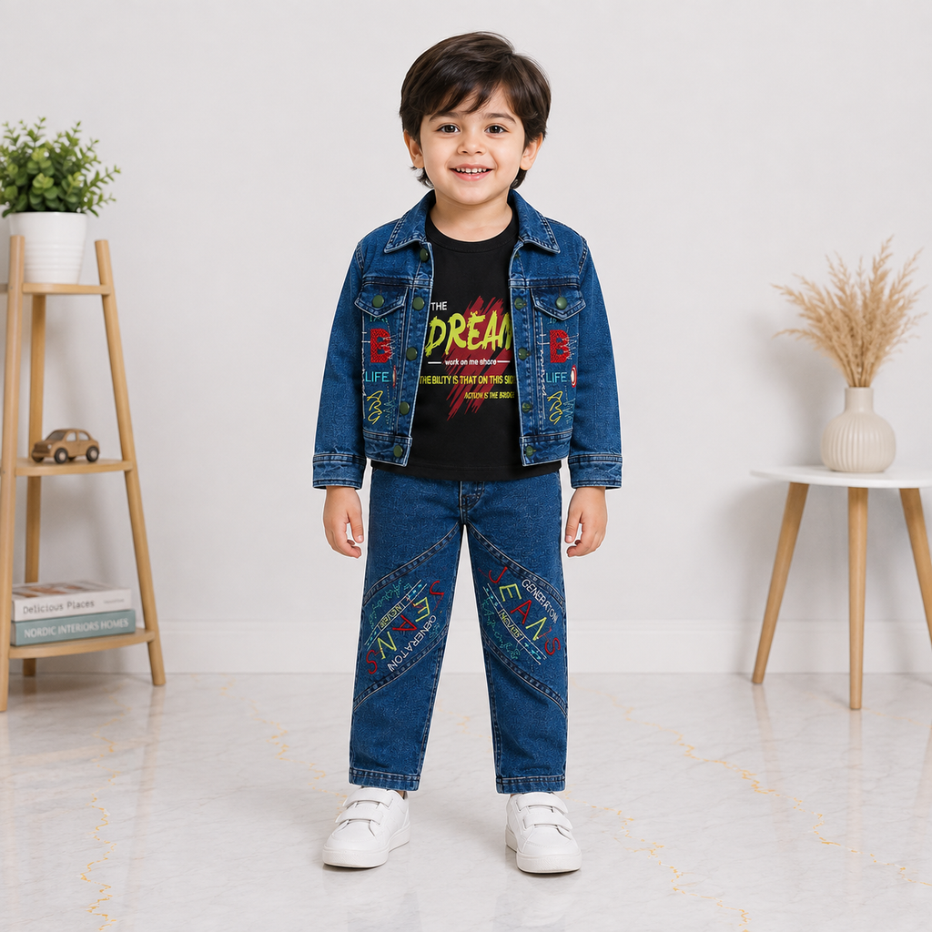 Boys Denim 3-Piece Suit – Printed T-Shirt, Denim Jacket & Trouser Set