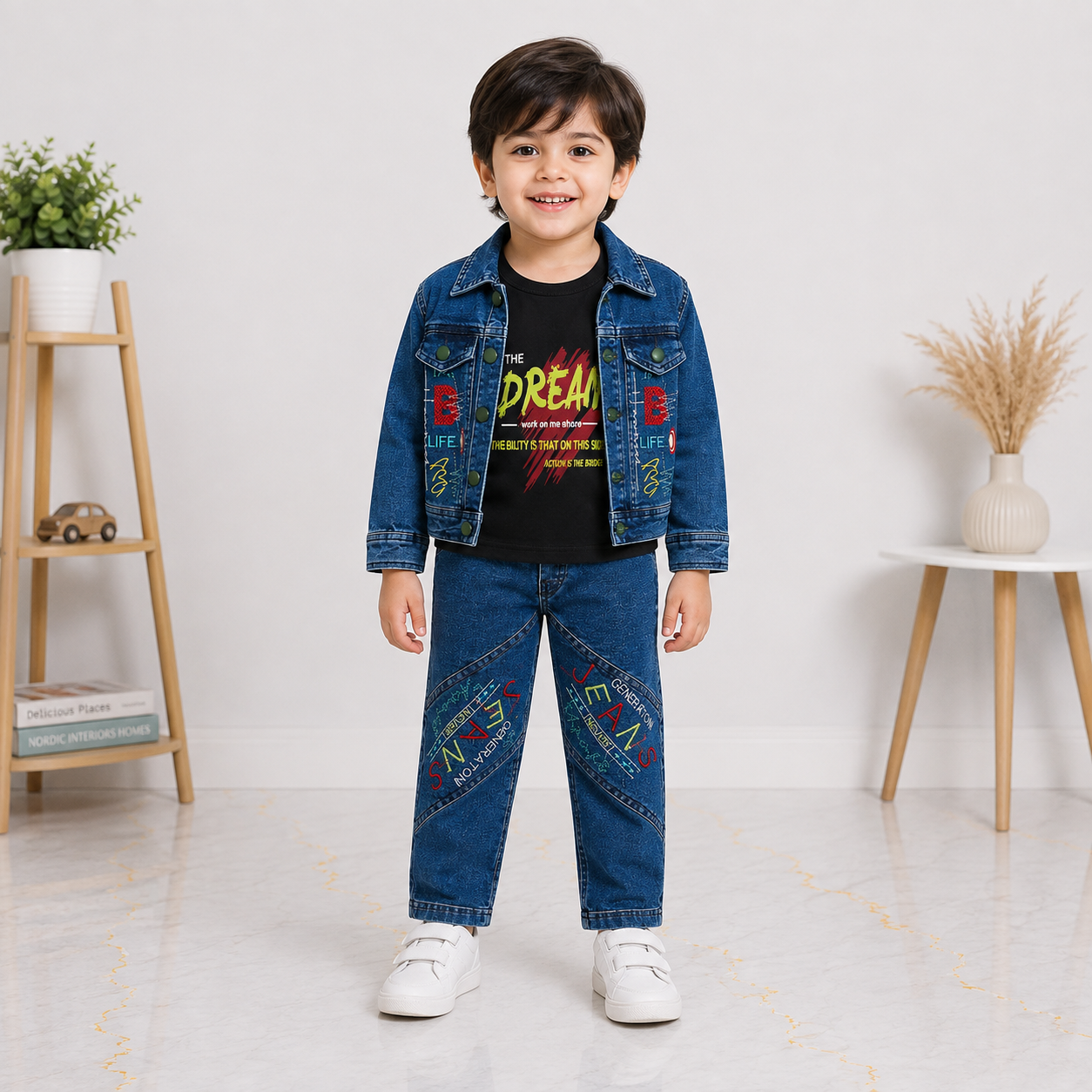 Boys Denim 3-Piece Suit – Printed T-Shirt, Denim Jacket & Trouser Set