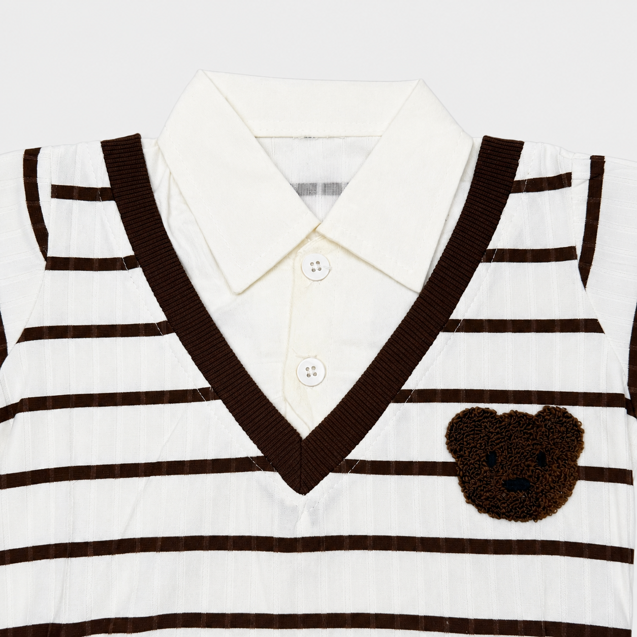 Boys Bear Embroidered 2 Piece Casual Set – Striped Collar Shirt & Jogger Trouser
