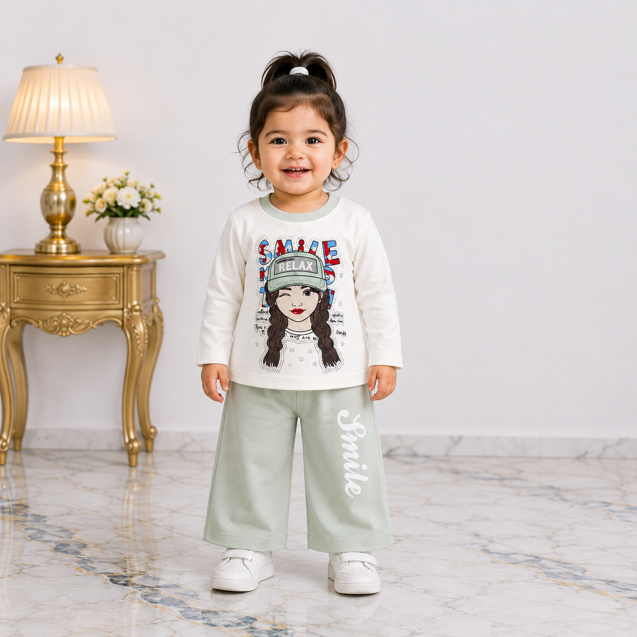 Baby Girls Printed Jersey 2-Piece Set | Smile Graphic Printed