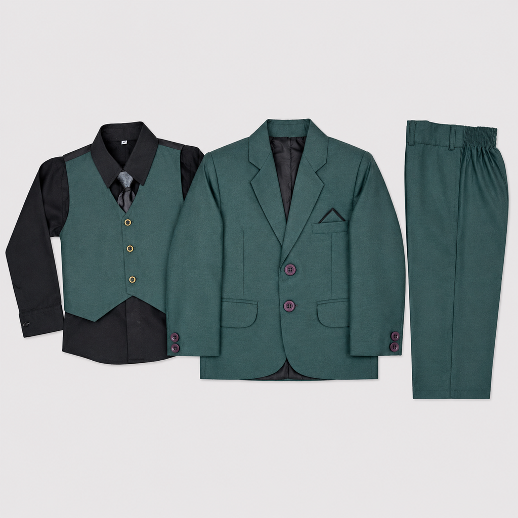 Boys Premium 5-Piece Tuxedo Suit – Green Formal Suit with Waistcoat, Shirt & Tie