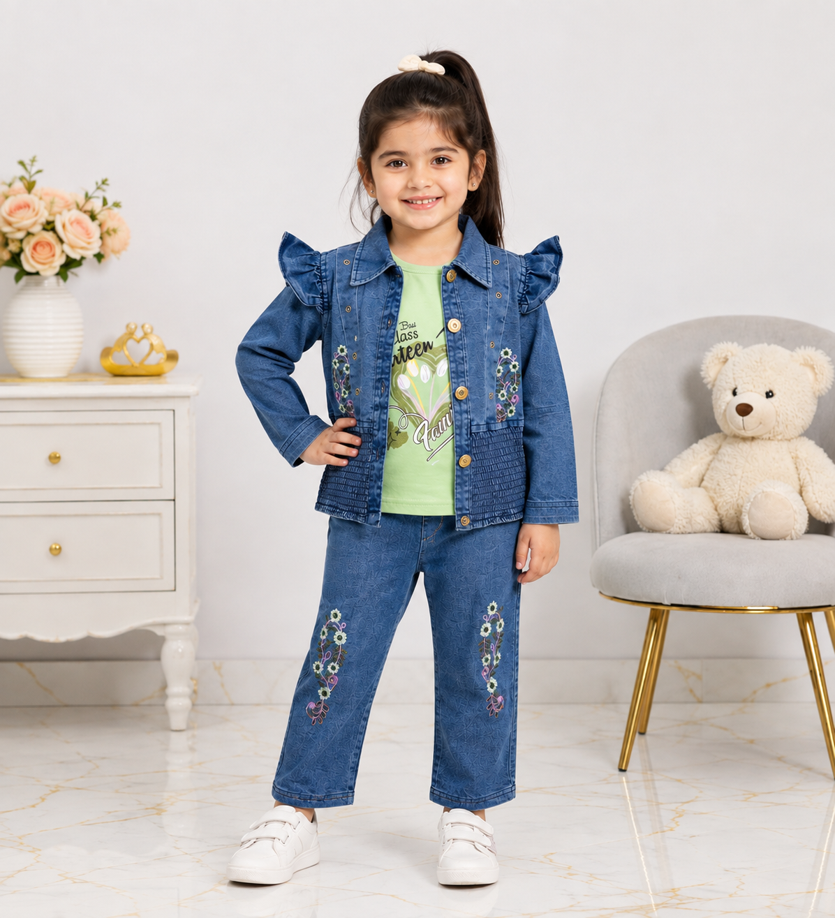 Girls 3-Piece Embroidered Cotton Suit (Blue Jacket,Inner & Trouser)