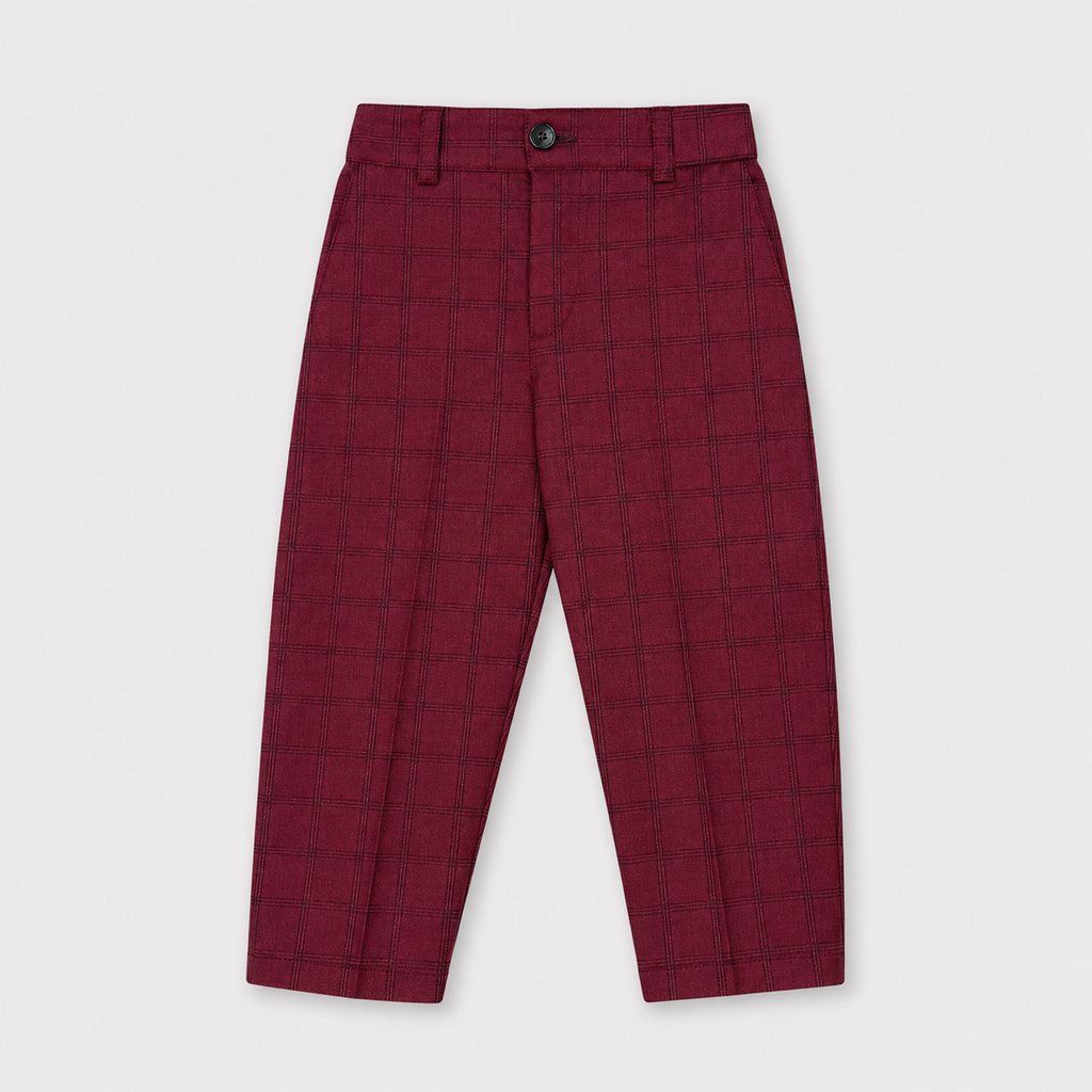 Boys 5 Piece Tuxedo Suit – Maroon Plaid Formal Party Wear