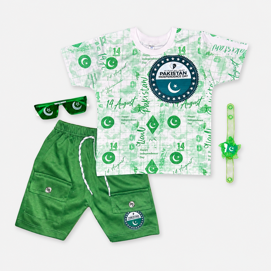 Boys 14 August Pakistan Independence Day Jersey T-Shirt & Shorts Set – Green White Outfit – Size 1-4 Years