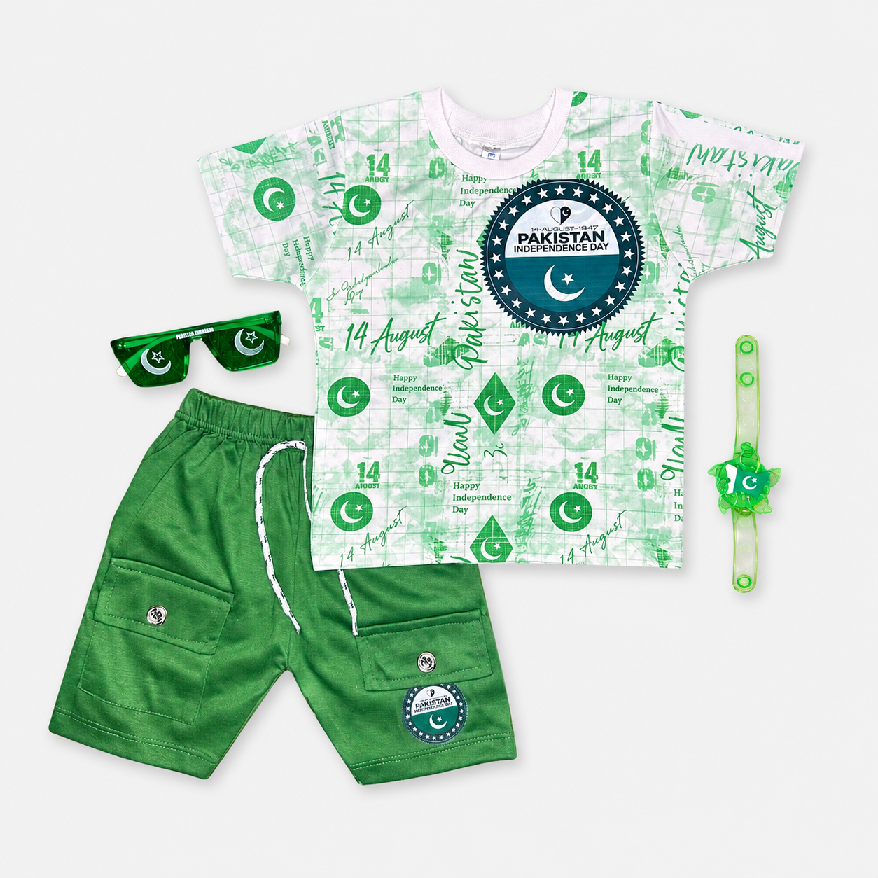 Boys 14 August Pakistan Independence Day Jersey T-Shirt & Shorts Set – Green White Outfit – Size 1-4 Years