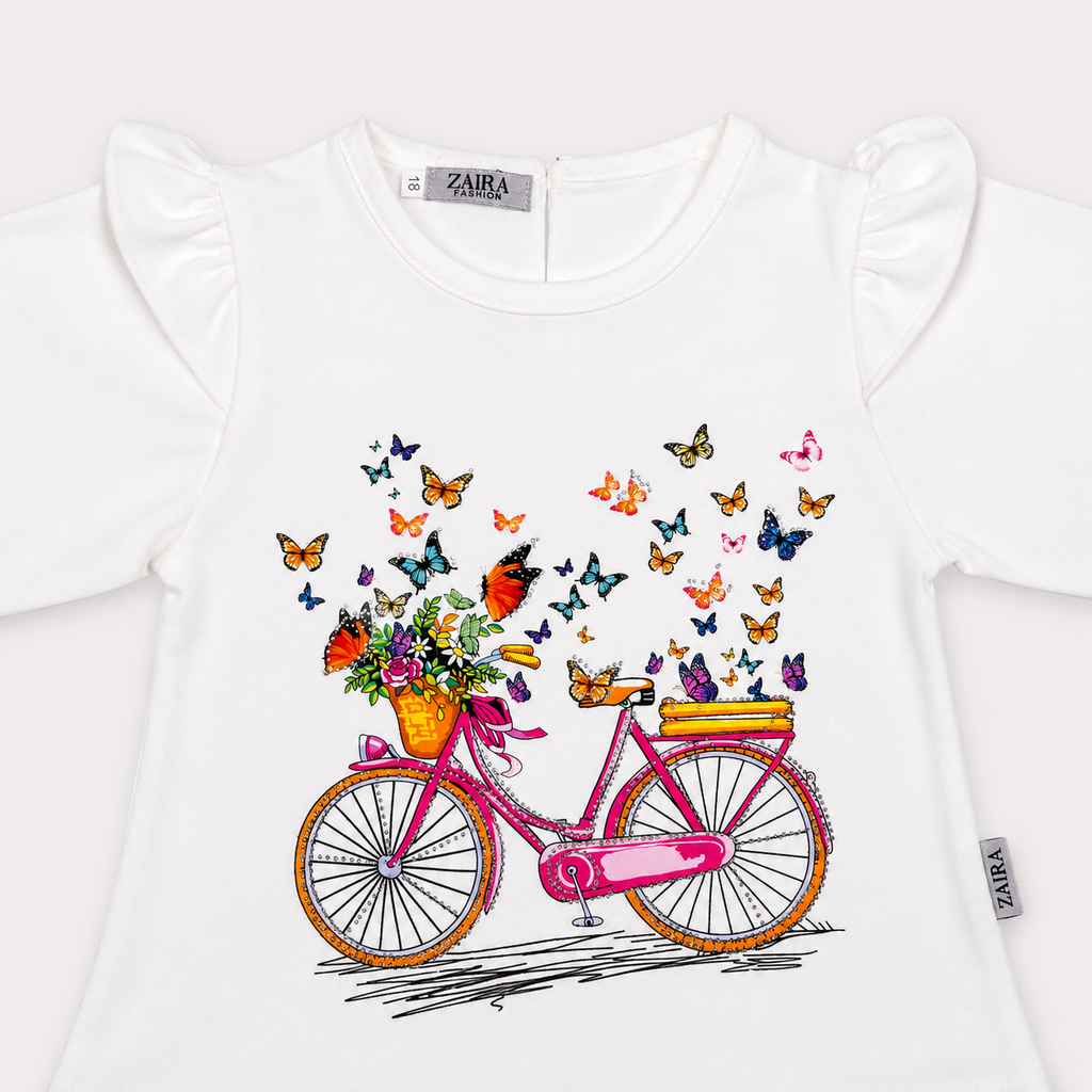 Girls Premium Jersey & Jeans 2 Piece Set – Butterfly Bicycle Printed Top & Wide Leg Denim Outfit |