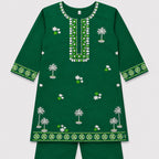 Girls Green Cotton 2 Piece Suit with Embroidery – Kids Eastern Kurti Trouser Set