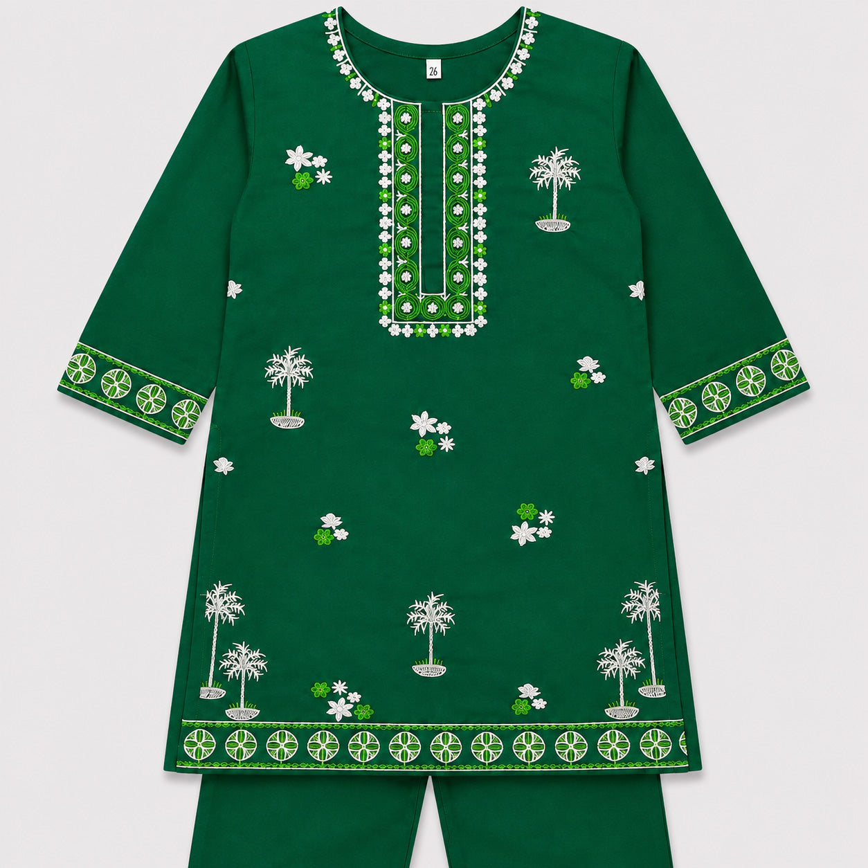 Girls Green Cotton 2 Piece Suit with Embroidery – Kids Eastern Kurti Trouser Set