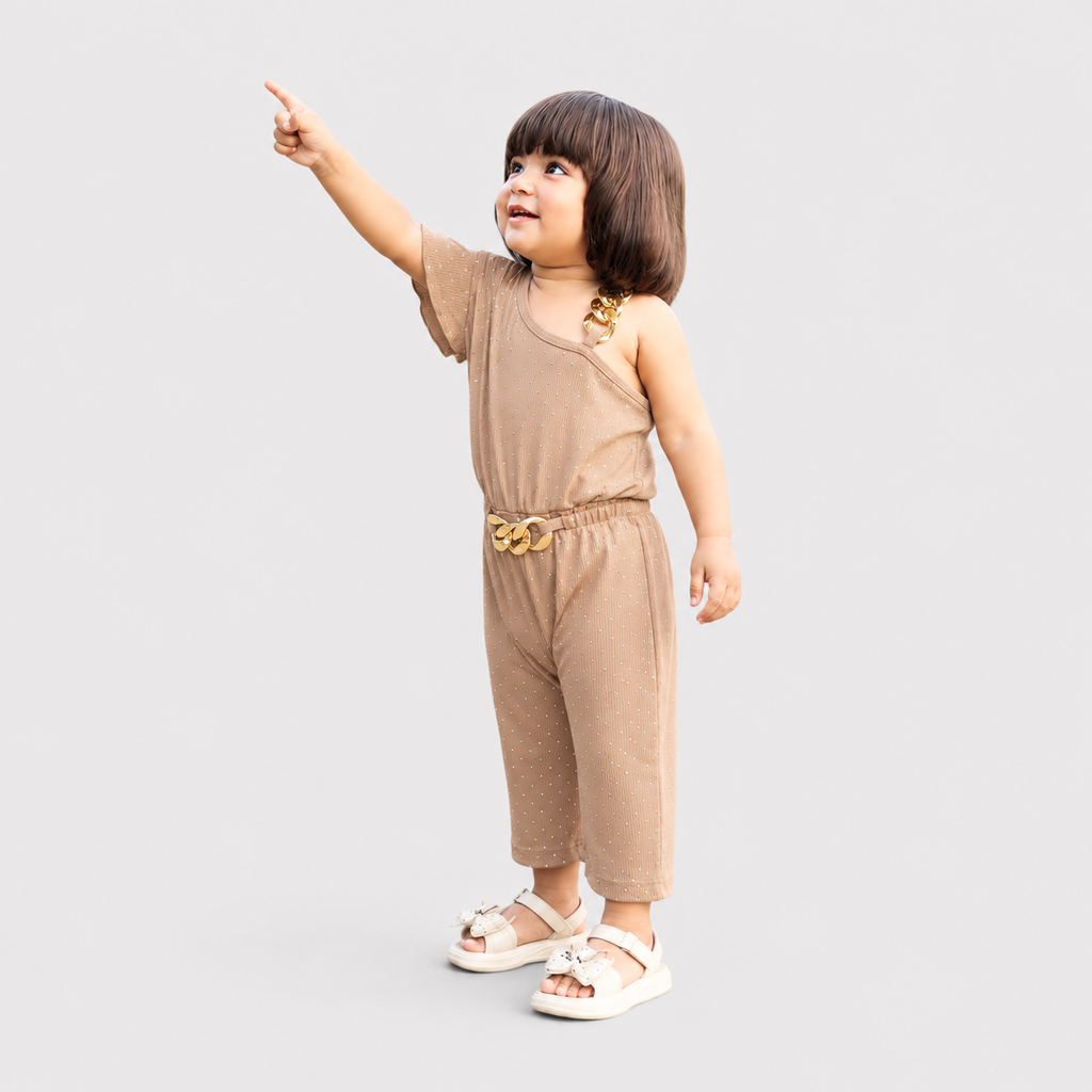 Girls Imported Jersey One Shoulder Jumpsuit – Beige Fancy Outfit | Lamtar Kids