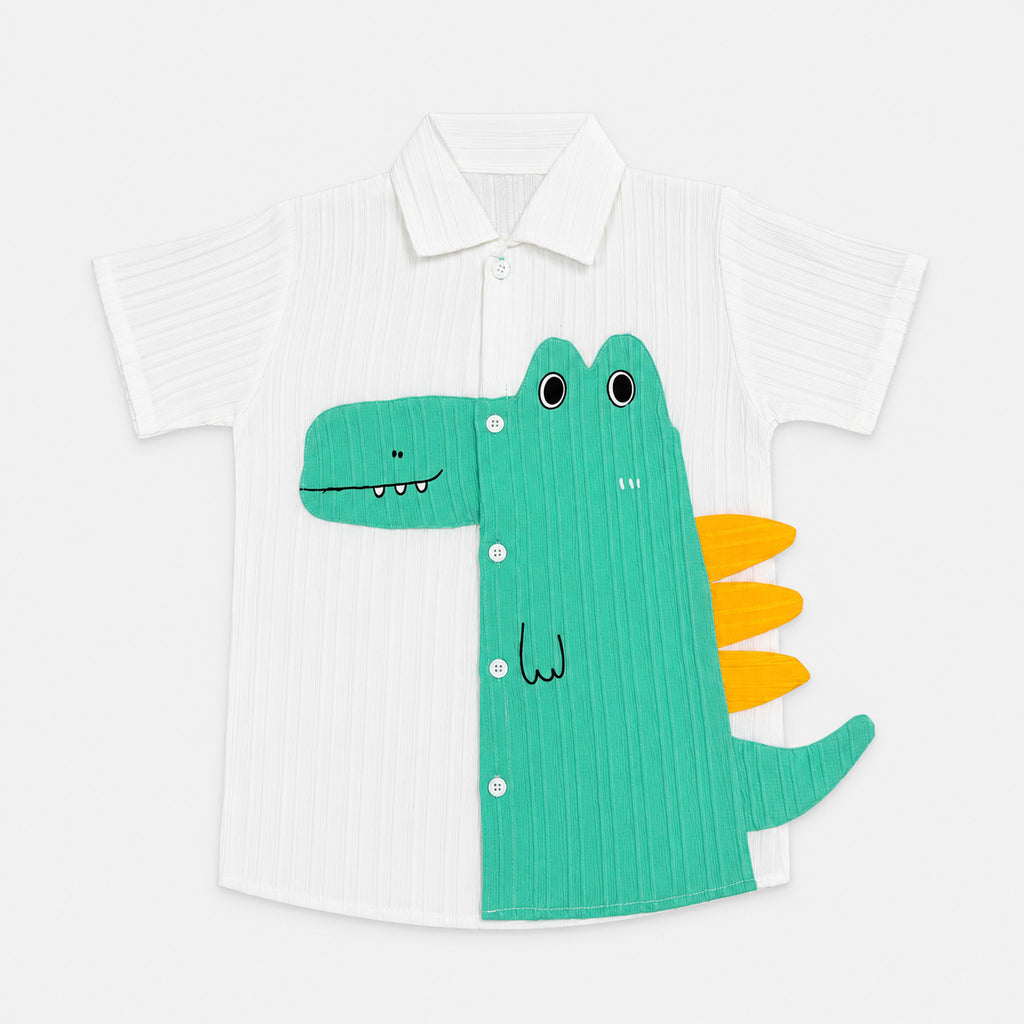 Boys Cotton Crocodile Short Suit – White Green 2 Piece Set | Lamtar Kids