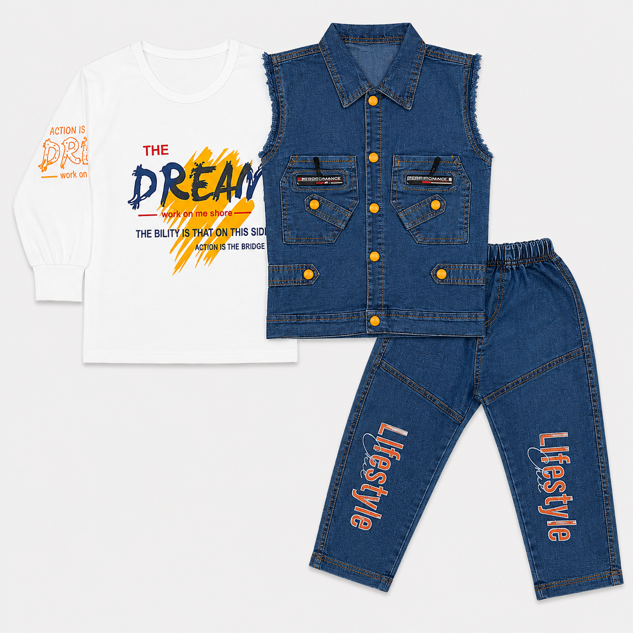 Boys 3-Piece Denim Outfit with Printed Full-Sleeve Shirt & Sleeveless Jacket