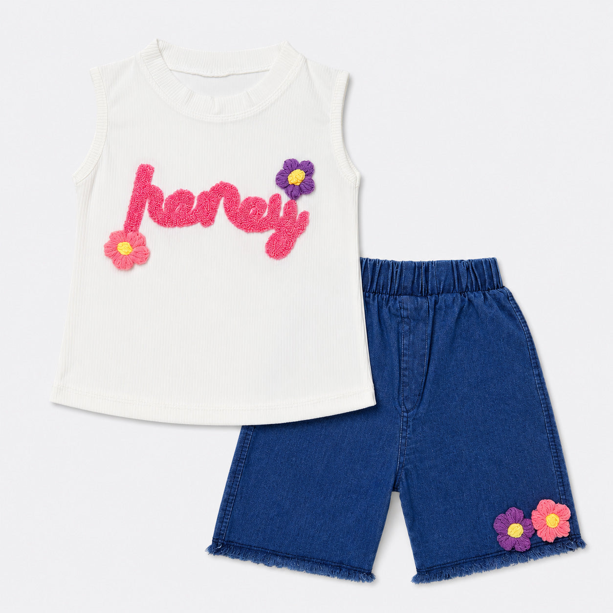 Girls Honey Top & Denim Shorts Set – White Blue 2 Piece Outfit | Lamtar Kids
