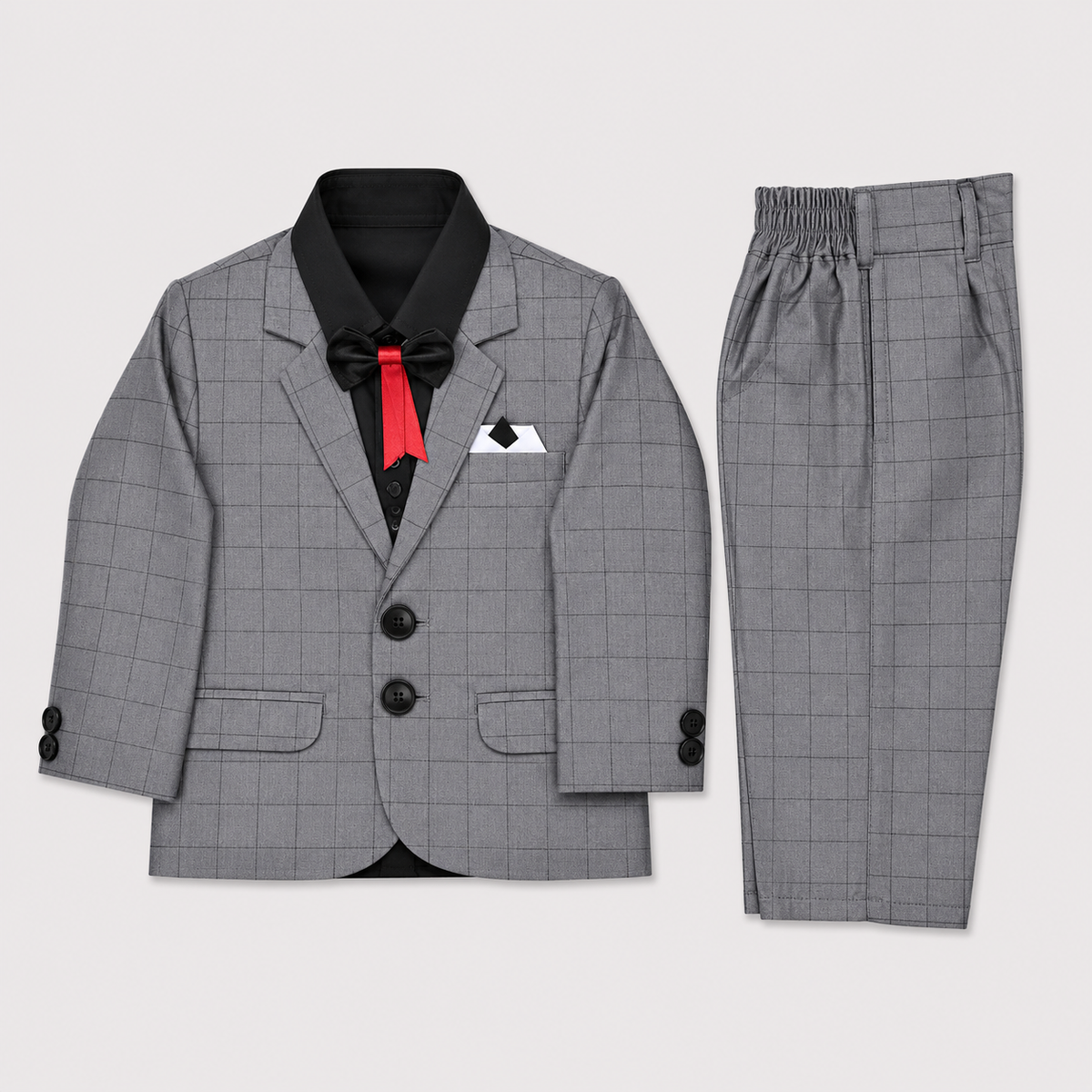 Boys 5-Piece Checkered Formal Suit – Blazer, Waistcoat, Shirt, Trouser & Bow Tie | 18–30 Months