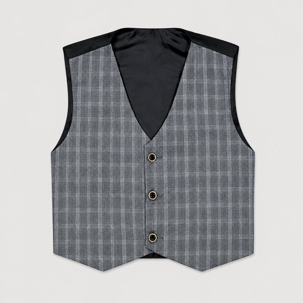 Boys 5-Piece Checkered Tuxedo Suit – Blazer, Waistcoat, Shirt, Trouser & Tie
