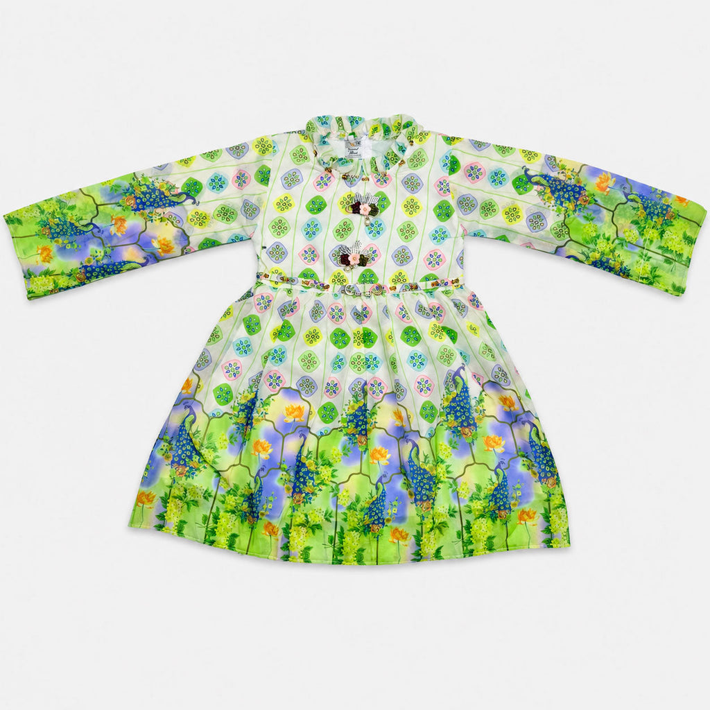Girls Green Digital Printed Chiffon Frock  2 Piece Suit | Floral Printed Frock & Trouser | 4–10 Years | Lamtar Kids