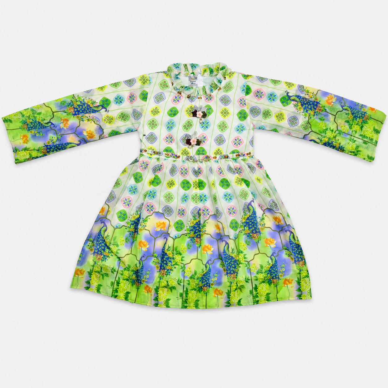 Girls Green Digital Printed Chiffon Frock  2 Piece Suit | Floral Printed Frock & Trouser | 4–10 Years | Lamtar Kids