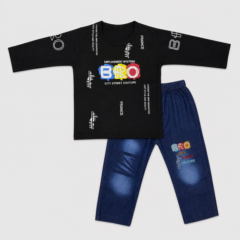 Boys Jersey T-Shirt with Jeans 2 Piece Set – Printed Casual Denim Outfit