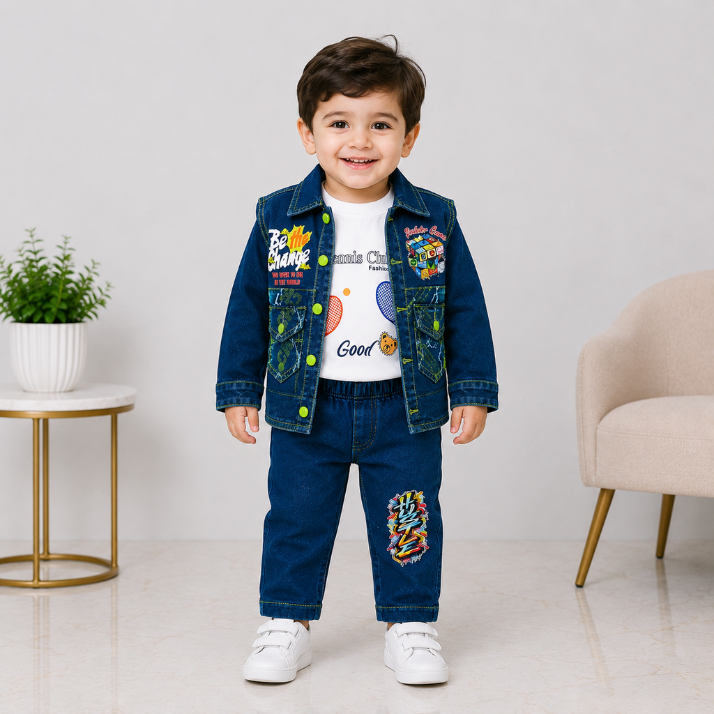 Boys Denim 3-Piece Suit – Printed T-Shirt, Jacket & Jeans Set