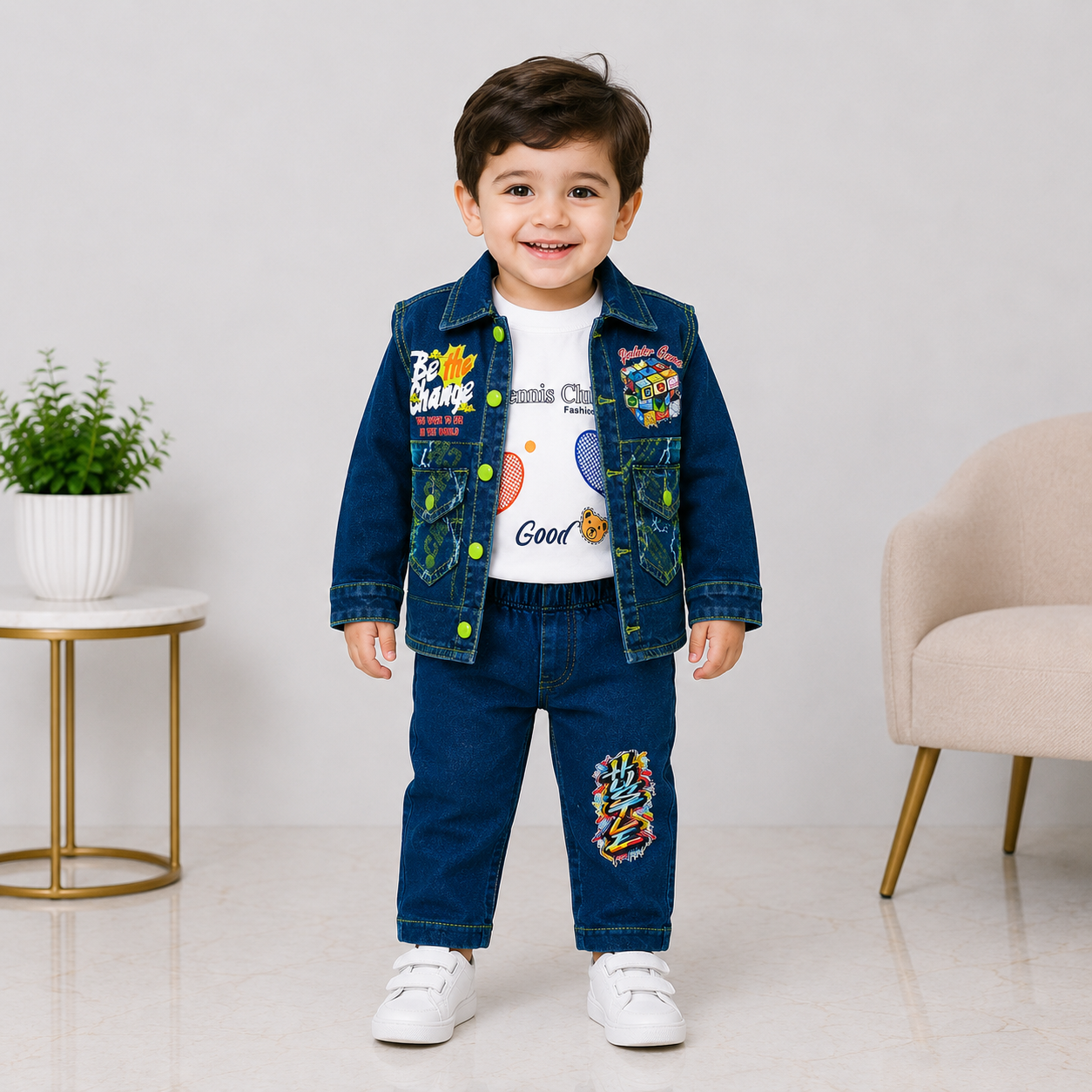 Boys Denim 3-Piece Suit – Printed T-Shirt, Jacket & Jeans Set