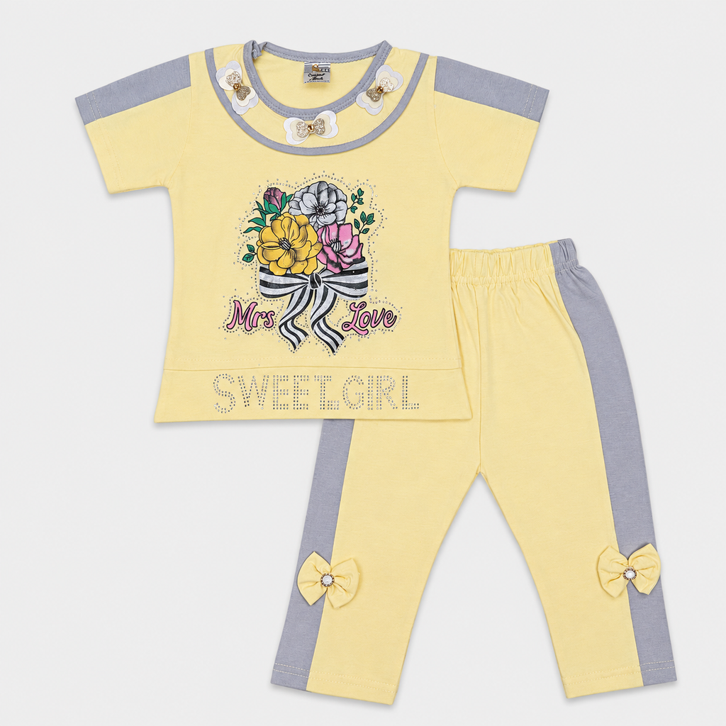 Girls 2-Piece Cotton Summer Suit | Printed T-Shirt & Trouser Set