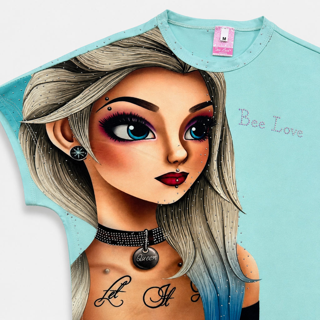 Girls Aqua Graphic T-Shirt & Black Frill Shorts Set | Lamtar Kids