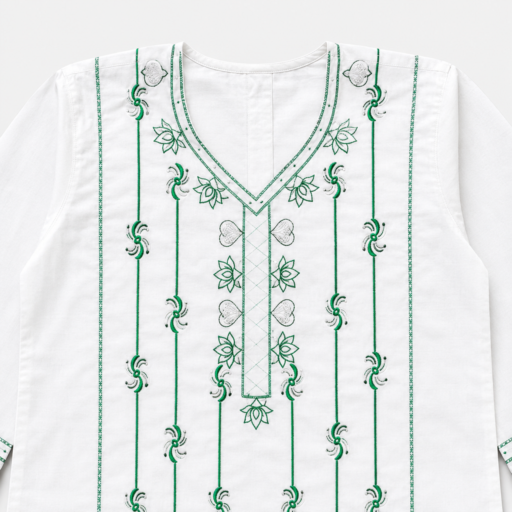 Girls Cotton 2 Piece Suit – White Kurti With Trouser – Green Printed Eastern Wear