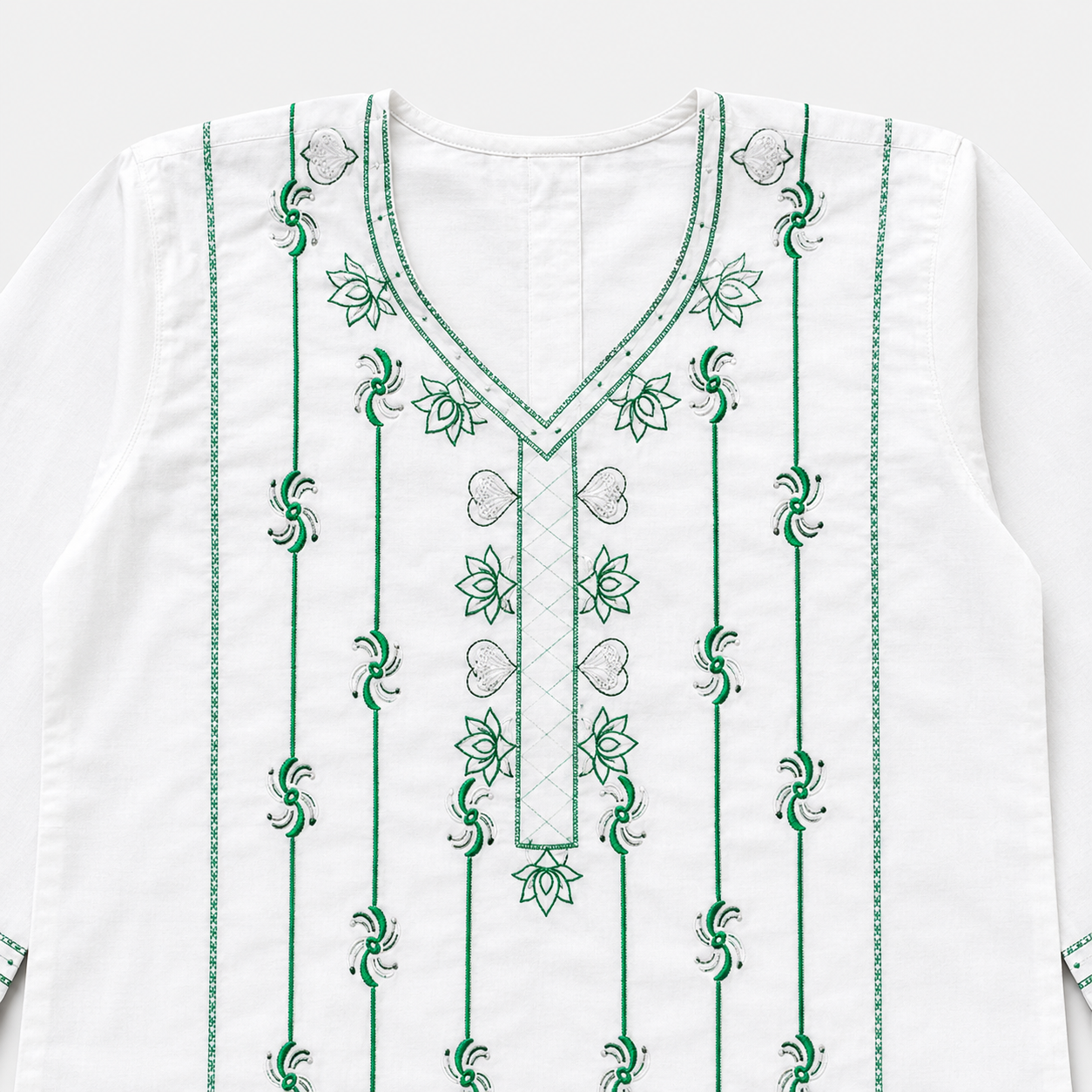 Girls Cotton 2 Piece Suit – White Kurti With Trouser – Green Printed Eastern Wear