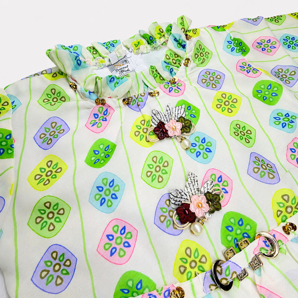 Girls Green Digital Printed Chiffon Frock  2 Piece Suit | Floral Printed Frock & Trouser | 4–10 Years | Lamtar Kids