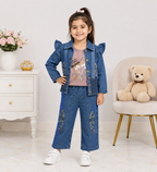 Girls 3-Piece Embroidered Cotton Suit (Blue Jacket,Inner & Trouser)