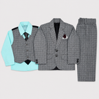 Boys 5-Piece Checkered Tuxedo Suit – Blazer, Waistcoat, Shirt, Trouser & Tie