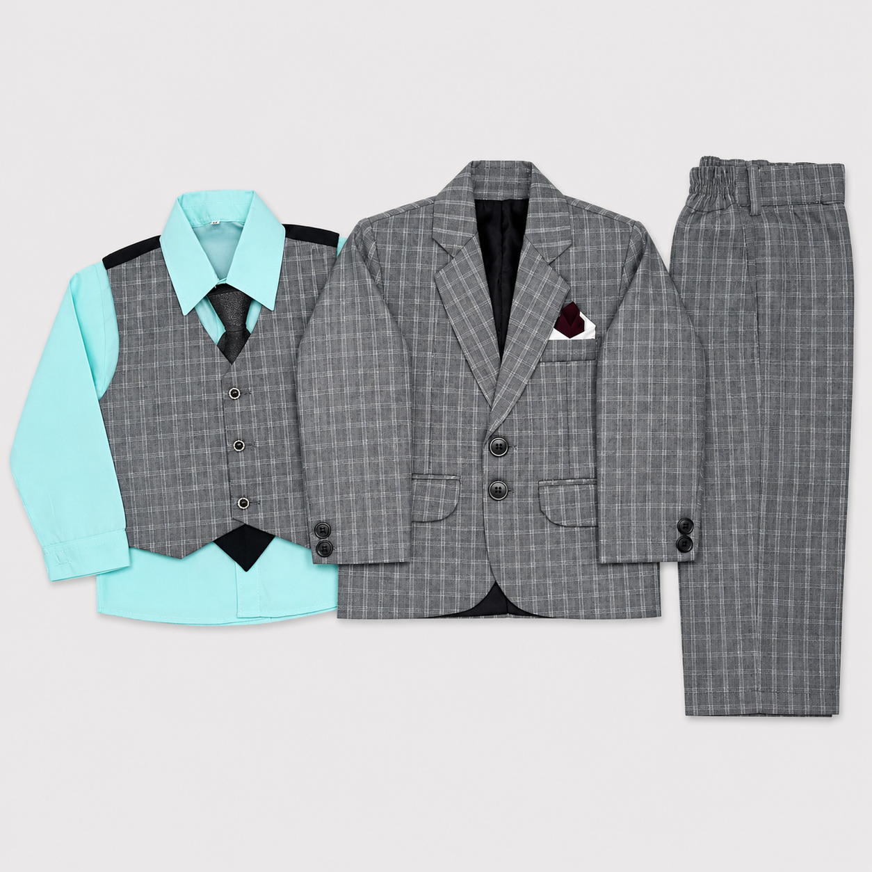 Boys 5-Piece Checkered Tuxedo Suit – Blazer, Waistcoat, Shirt, Trouser & Tie