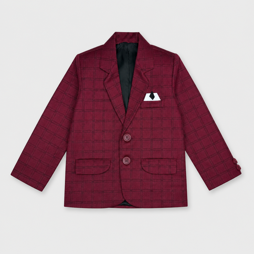 Boys 5 Piece Tuxedo Suit – Maroon Plaid Formal Party Wear
