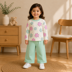 Baby Girls Printed Jersey 2-Piece Set | Floral Full Sleeve Top & Wide-Leg Trouser