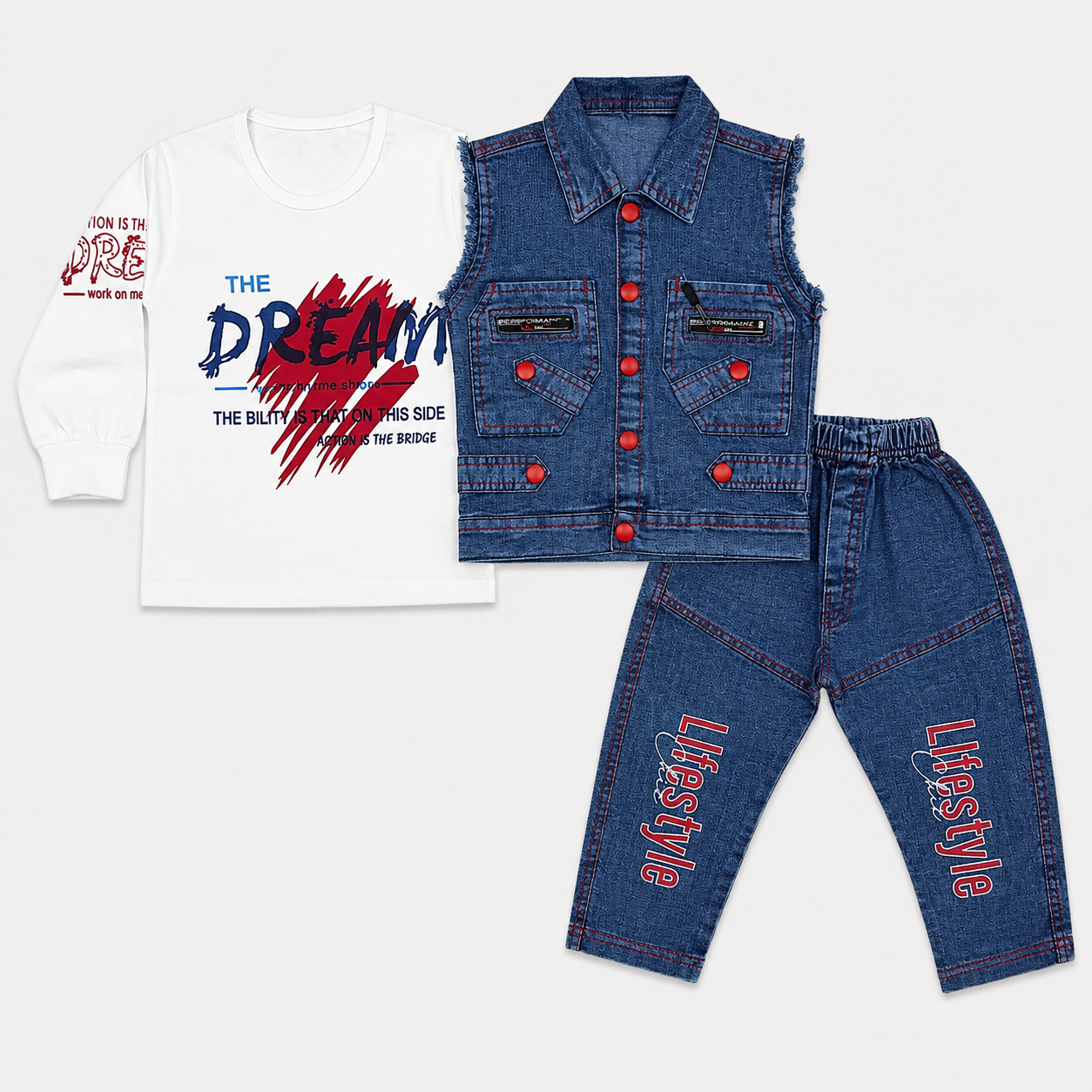 Boys 3-Piece Denim Outfit with Printed Full-Sleeve Shirt & Sleeveless Jacket