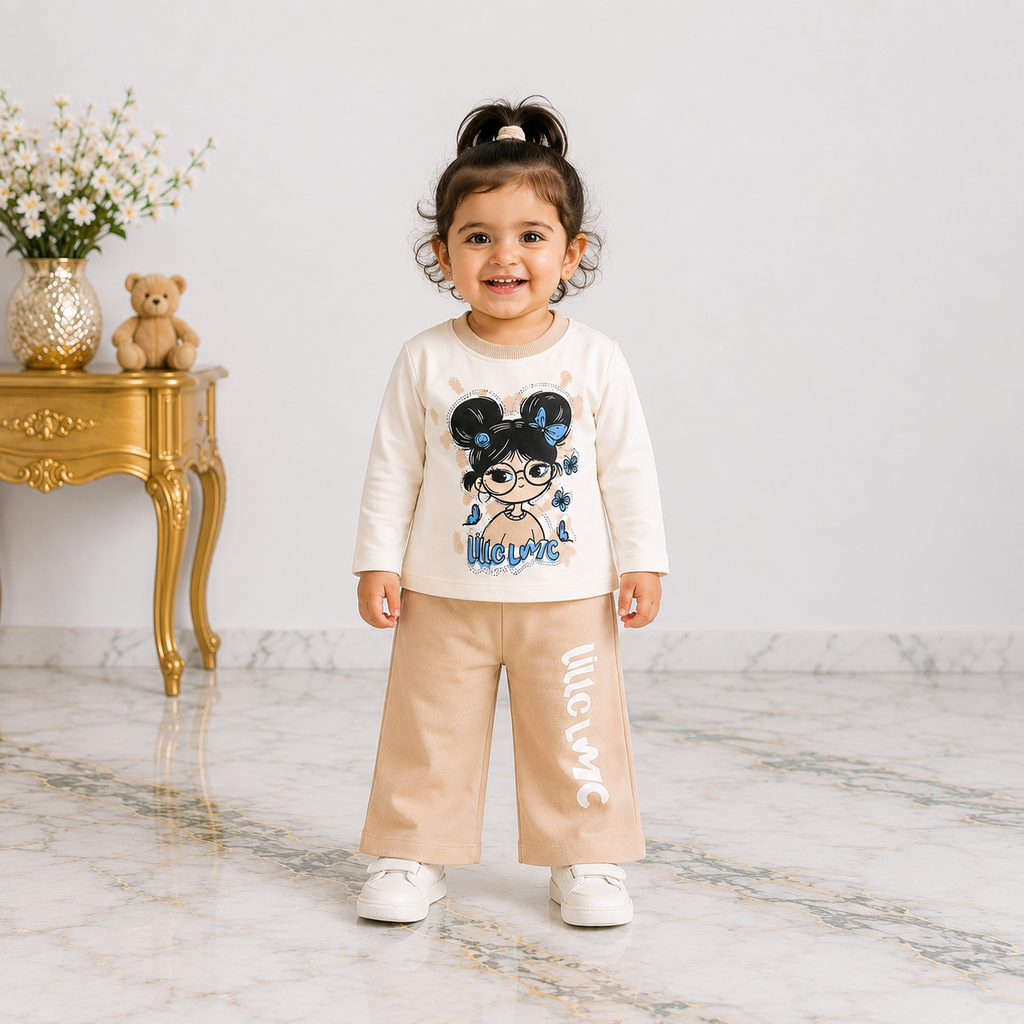 Baby Girls Printed Jersey 2-Piece Set | Long Sleeve Top & Wide-Leg Trouser