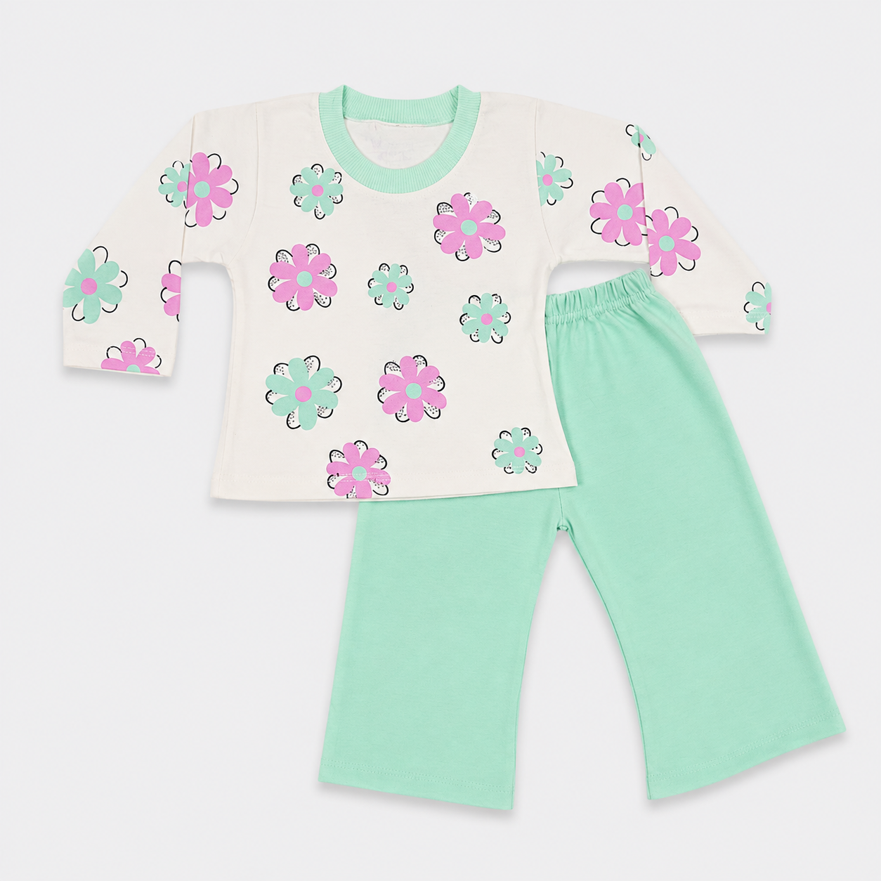 Baby Girls Printed Jersey 2-Piece Set | Floral Full Sleeve Top & Wide-Leg Trouser