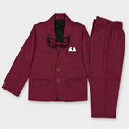 Boys 5 Piece Tuxedo Suit – Maroon Plaid Formal Party Wear