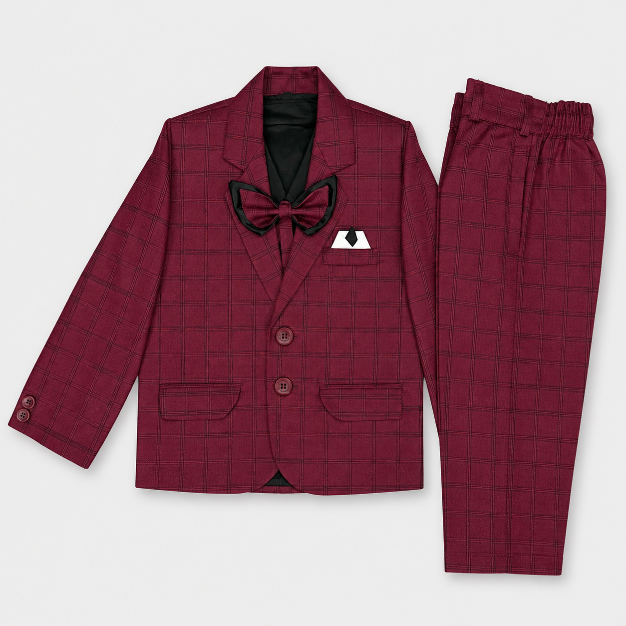Boys 5 Piece Tuxedo Suit – Maroon Plaid Formal Party Wear