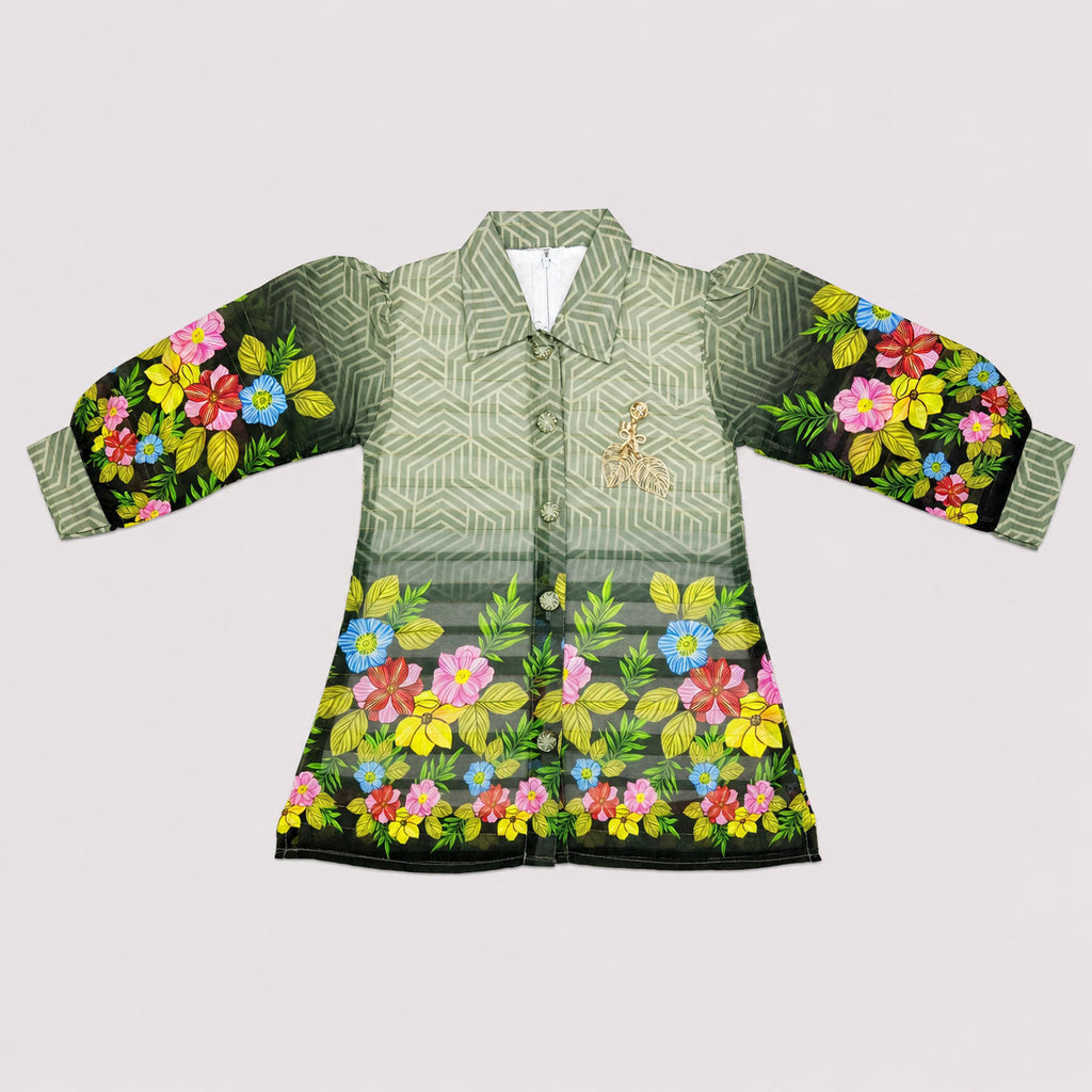 Girls Printed Chiffon 3 Piece Suit – Olive Green Floral Kids Dress | Lamtar Kids