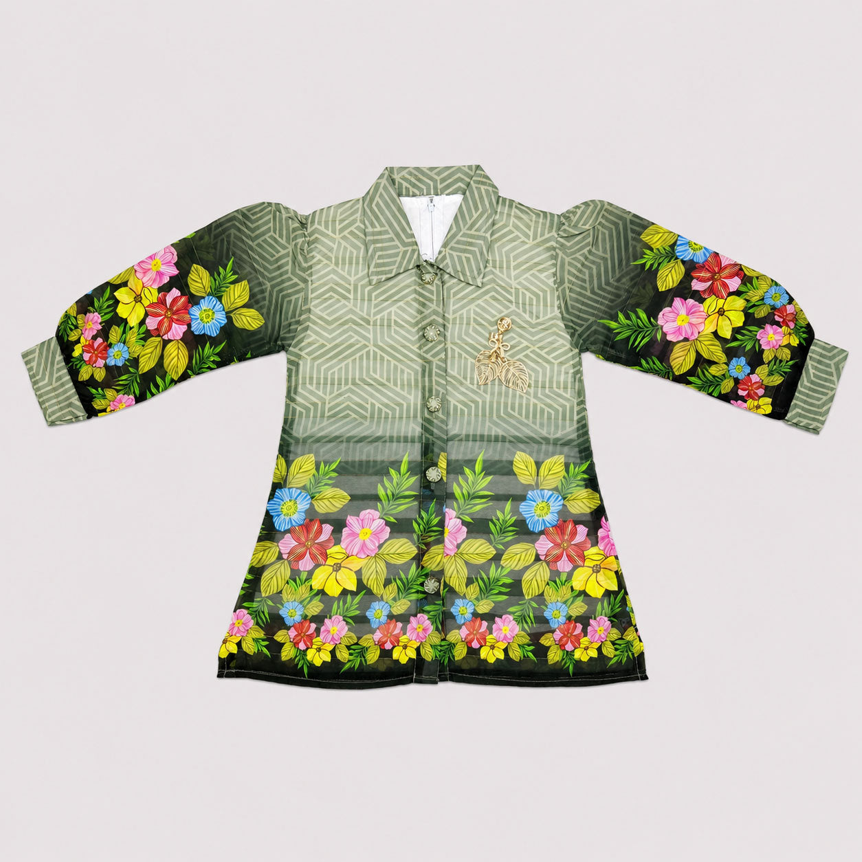 Girls Printed Chiffon 3 Piece Suit – Olive Green Floral Kids Dress | Lamtar Kids