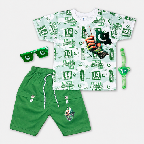 Boys 14 August Independence Day Jersey T-Shirt & Shorts Set – Green Pakistan Print Outfit – Size 1-4 Years