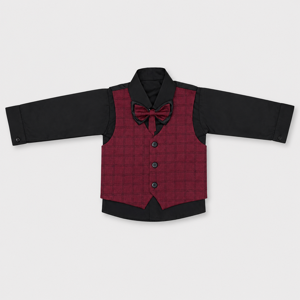 Boys 5 Piece Tuxedo Suit – Maroon Plaid Formal Party Wear